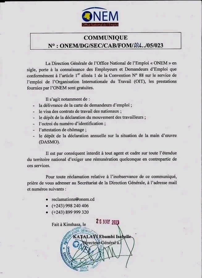 Un communiqué rendu public par l’Office national de l'emploi (ONEM)