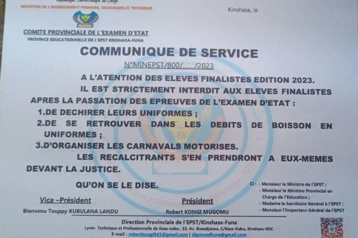 un communiqué de service rendu public à Kinshasa