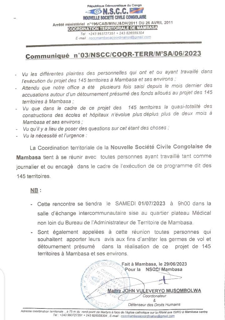 Un communiqué n°03/NSCC/COOR-TERR/M'SA/06/2023 