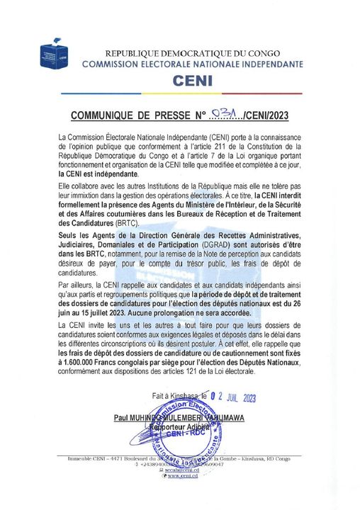 La CENI interdit formellement la présence des agents du ministère de l'Intérieur, de la Sécurité et des Affaires coutumières dans les Bureaux de Réception et de Traitement des Candidatures