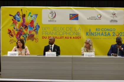 Plusieurs personnalités prennent part au point de presse sur le lancement des IXèmes jeux d la francophonie, entre autres l'Administratrice d l’OIF, Mme Caroline St-Hilaire, le Ministre d médias, Patrick Muyaya