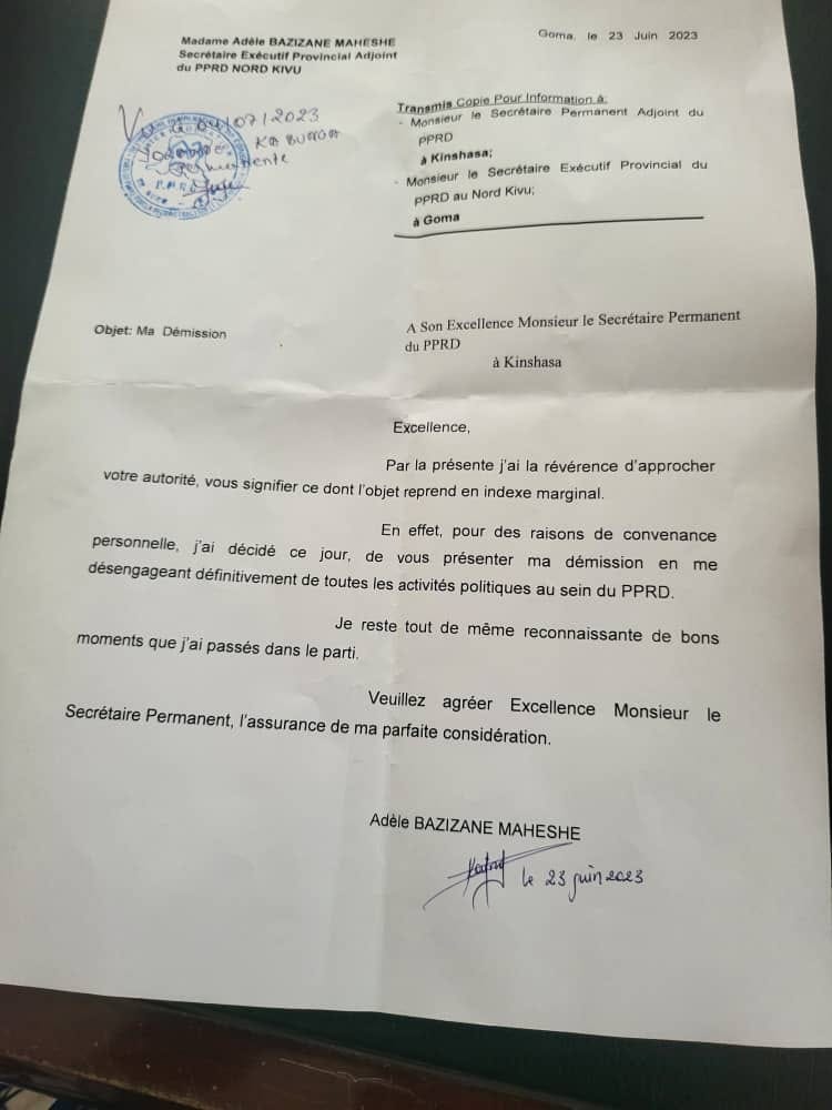 Élue du territoire de Nyiragongo au Nord-Kivu , madame le rapporteur de l'assemblée provinciale Adèle BAZIZANE MAHESHE démissionne du PPRD