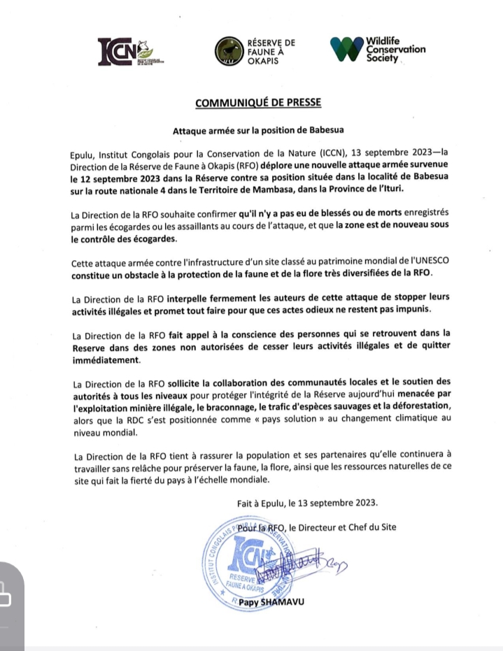 Communiqué : La réserve de faune à Okapi attaquée par des hommes armés