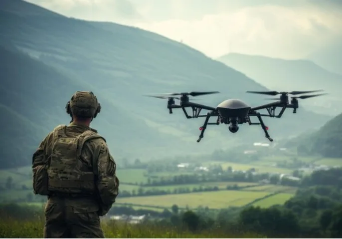 Photo d'illustration : Un militaire avec un drone au champs de bataille