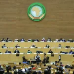 ADDIS ABABA, ETHIOPIA - FEBRUARY 6: President of Senegal Macky Sall (Right at the rostrum) makes a speech during the 35th African Union (AU) Summit in Addis Ababa, Ethiopia on February 6, 2022. Minasse Wondimu Hailu / Anadolu Agency.