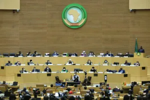 ADDIS ABABA, ETHIOPIA - FEBRUARY 6: President of Senegal Macky Sall (Right at the rostrum) makes a speech during the 35th African Union (AU) Summit in Addis Ababa, Ethiopia on February 6, 2022. Minasse Wondimu Hailu / Anadolu Agency.