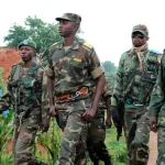 Une photo prise le 31 décembre 2013 montre le regretté colonel Mamadou Ndala (2e à gauche) patrouillant avec ses troupes à Kokola, près d'Eringeti, en République démocratique du Congo. Ndala, le commandant des troupes gouvernementales congolaises combattant les rebelles islamistes ougandais dans l'est du pays, a été tué dans une embuscade le 2 janvier 2014 [Photo d'illustration]