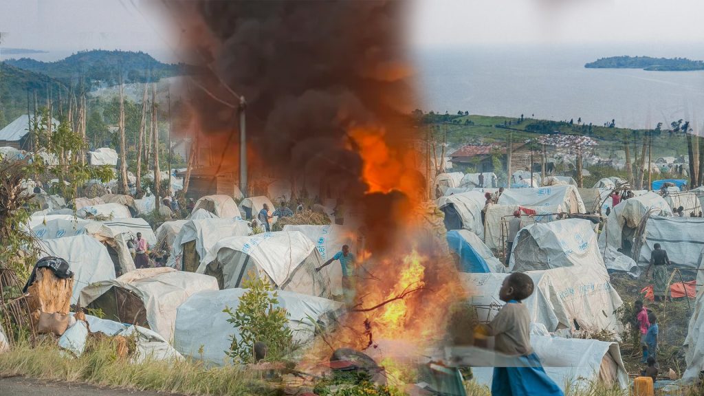 Des cabanes de déplacés de guerre en feu à Mugunga