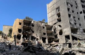 Site of the Israeli air strike that killed Lebanon's Hezbollah leader Nasrallah on Friday, in Beirut's southern suburbs
