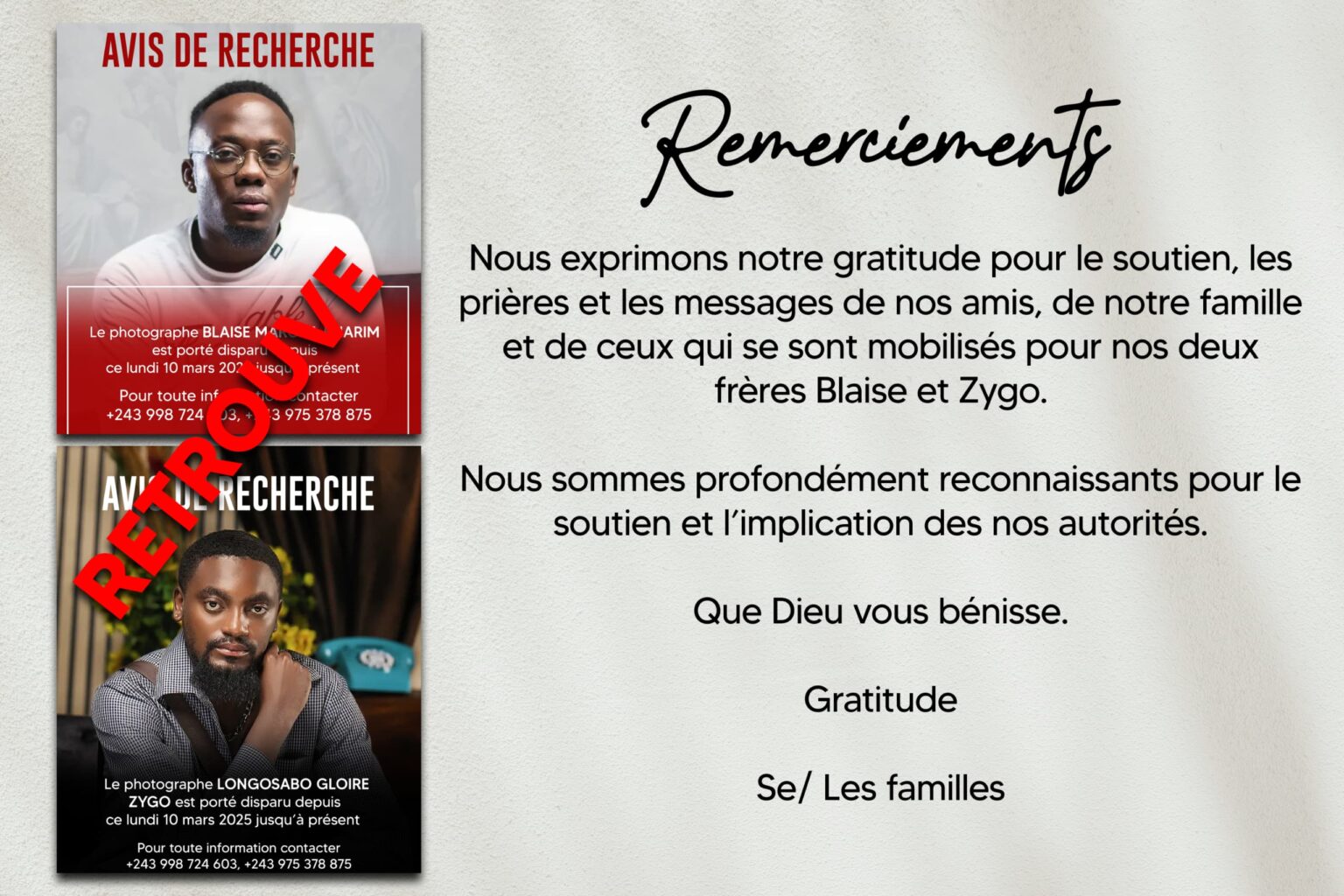 Goma : Les photographes Blaise M. Arim et Longosabo Gloire Zygo retrouvés sains et saufs Les photographes Blaise M. Arim et Longosabo Gloire Zygo retrouvés sains et saufs