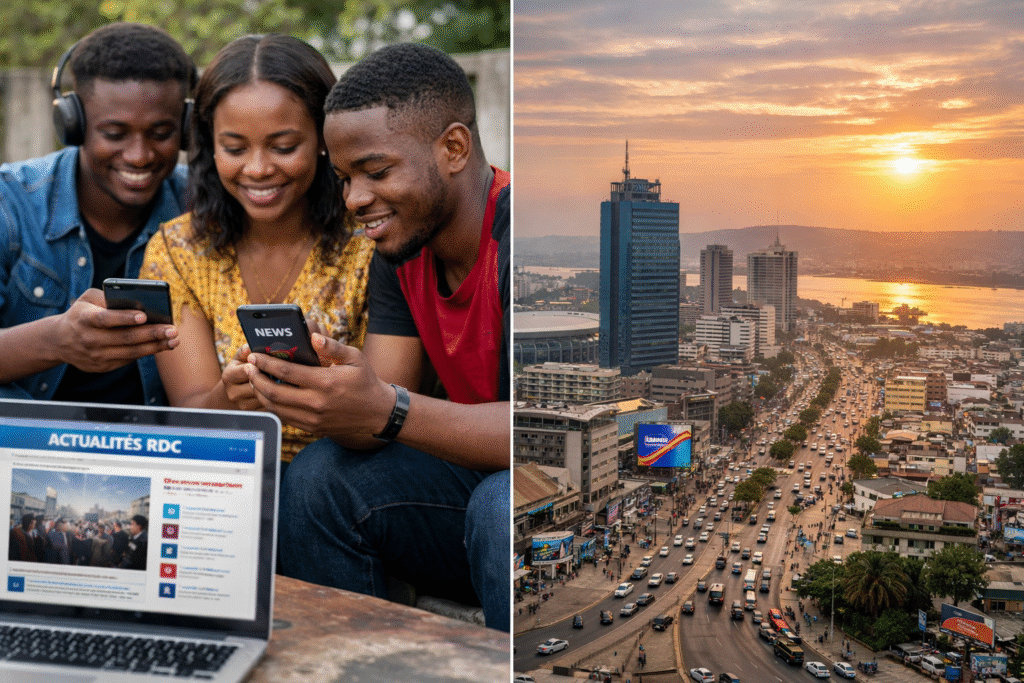RDC : L’impact des médias numériques sur la consommation des informations locales Cette illustration met en scène deux réalités complémentaires de la transformation numérique en RDC. À gauche, un groupe de jeunes Congolais consulte attentivement leurs smartphones, affichant des contenus d’actualité. Leur expression concentrée et engagée reflète l’importance croissante des médias numériques dans leur quotidien. Un ordinateur portable ouvert en arrière-plan, affichant un site d’informations locales, renforce l’idée d’un accès instantané et connecté à l’actualité. À droite, une vue panoramique de la ville de Kinshasa au coucher du soleil met en lumière l’effervescence urbaine : circulation dense, immeubles modernes et fleuve en arrière-plan. Cette image symbolise le dynamisme de la capitale congolaise, où l’information circule désormais aussi rapidement que le rythme de la ville. Ensemble, ces deux visuels illustrent l’impact des médias numériques sur la consommation de l’information locale en RDC, entre connectivité des jeunes et vitalité urbaine.