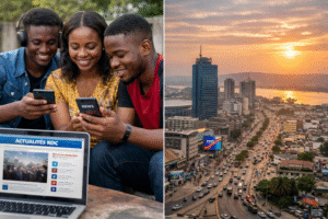 RDC : L’impact des médias numériques sur la consommation des informations locales Cette illustration met en scène deux réalités complémentaires de la transformation numérique en RDC. À gauche, un groupe de jeunes Congolais consulte attentivement leurs smartphones, affichant des contenus d’actualité. Leur expression concentrée et engagée reflète l’importance croissante des médias numériques dans leur quotidien. Un ordinateur portable ouvert en arrière-plan, affichant un site d’informations locales, renforce l’idée d’un accès instantané et connecté à l’actualité. À droite, une vue panoramique de la ville de Kinshasa au coucher du soleil met en lumière l’effervescence urbaine : circulation dense, immeubles modernes et fleuve en arrière-plan. Cette image symbolise le dynamisme de la capitale congolaise, où l’information circule désormais aussi rapidement que le rythme de la ville. Ensemble, ces deux visuels illustrent l’impact des médias numériques sur la consommation de l’information locale en RDC, entre connectivité des jeunes et vitalité urbaine.