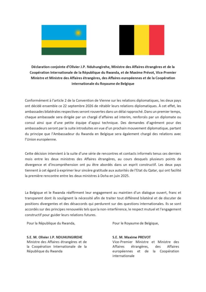RWANDA-BELGIQUE COMMUNIQUÉ CONJOINT SUR LA RESTORATION DES RELATIONS DIPLOMATIQUES