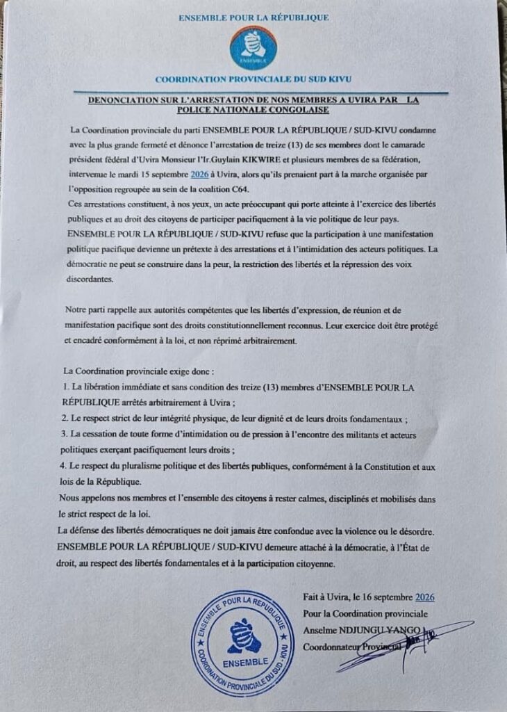 Ensemble pour la République dénonce l’arrestation de 13 membres