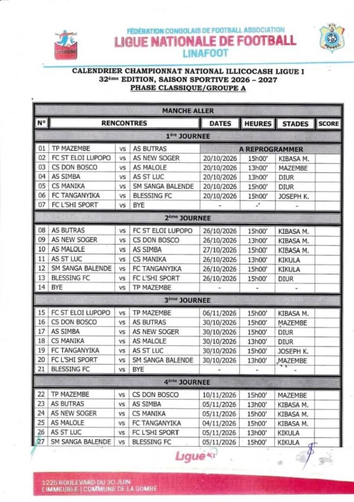 Linafoot : le championnat congolais reprend le 20 octobre le championnat congolais reprend le 20 octobre